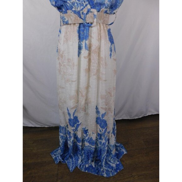 Flare Maxi Dress Womens Blue White Floral Belted Wrap V-Neck Made in Italy - Picture 3 of 12
